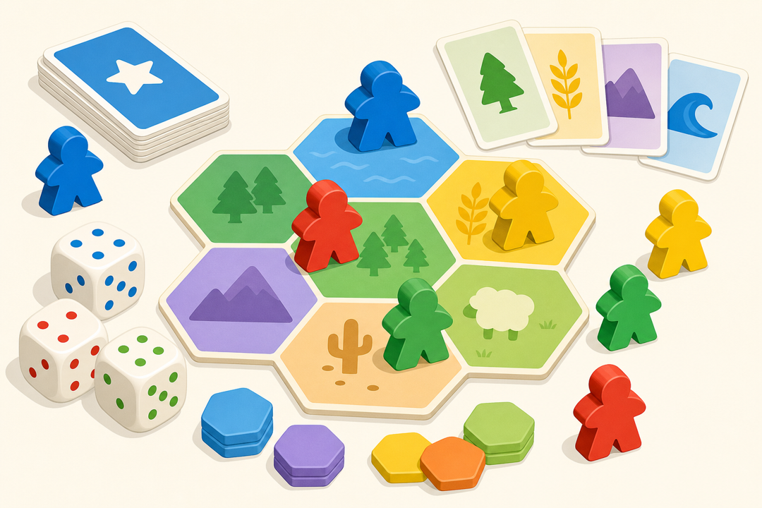 Colorful board game pieces on a tabletop